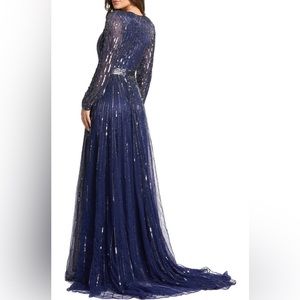 SEQUINED LONG SLEEVE PLUNGING V-NECK GOWN